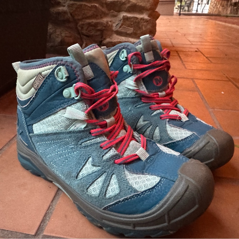 Blue and Gray Merrell Hiking Boots with Red Laces